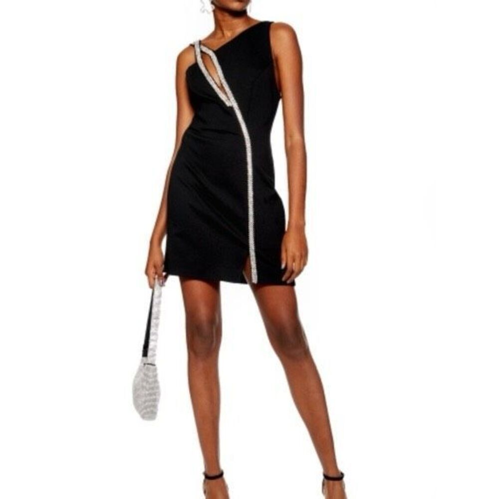 Topshop Black Diamanté Bodycon Dress Size 4 Asymmetrical Cutout NWT